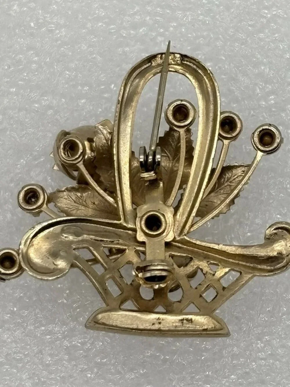 Vintage Basket of Roses Brooch Pin Polished Etched Gold Tone Rhinestone Unsigned